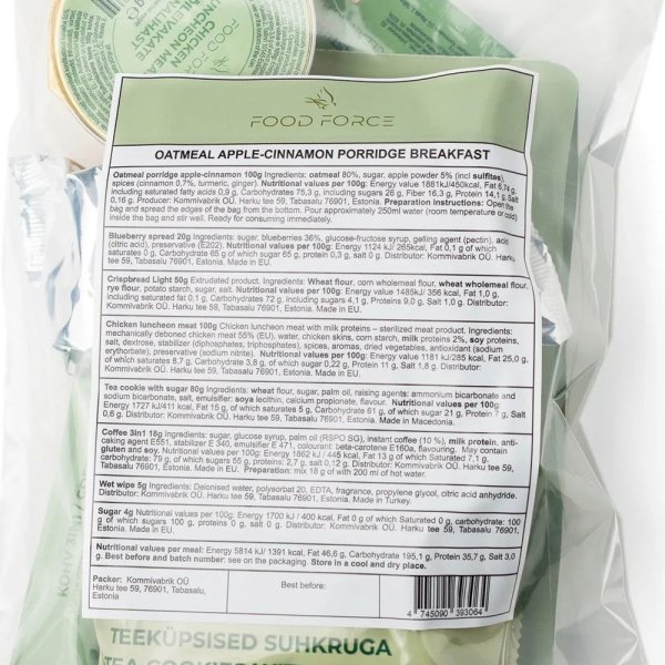 Food Force | Oatmeal Apple-Cinnamon Porridge Breakfast Ration | Frystorkad mat | 377g